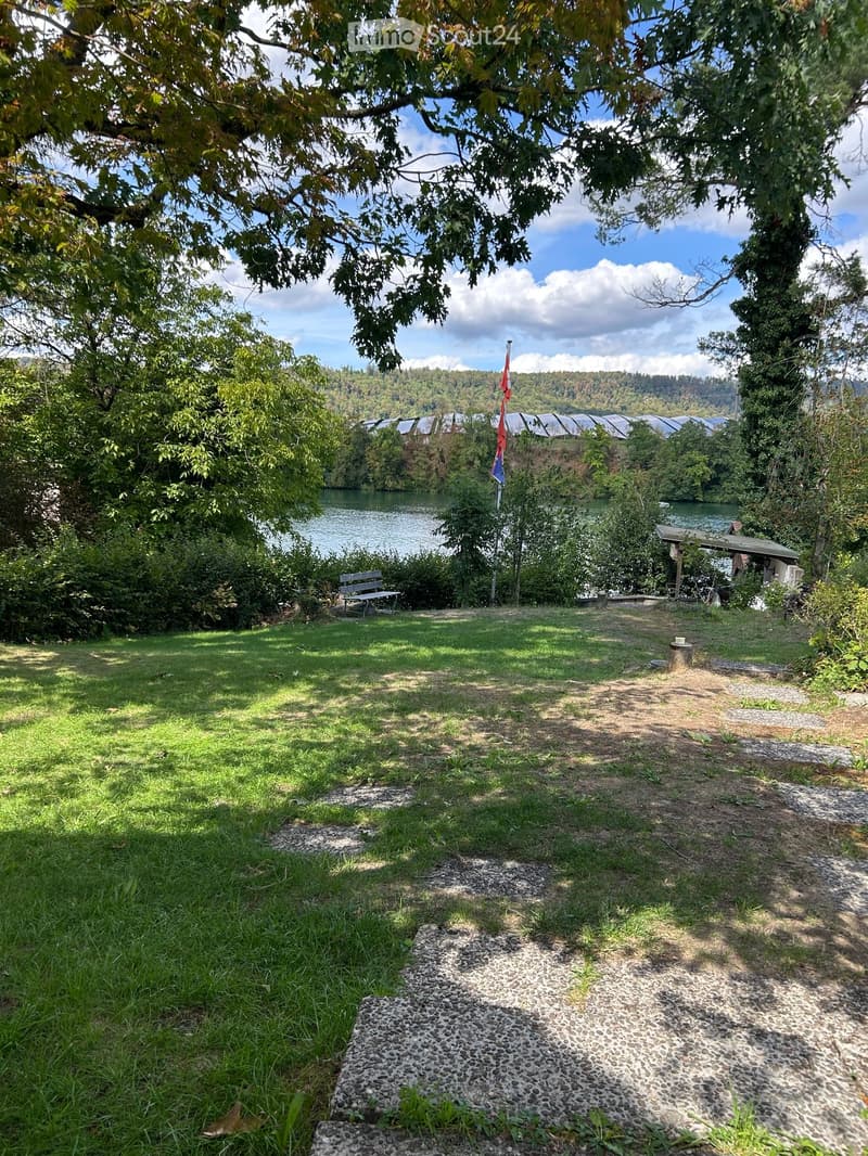 A serene lakeside garden with a grassy area, a stone pathway, a bench, and a small structure near the water.