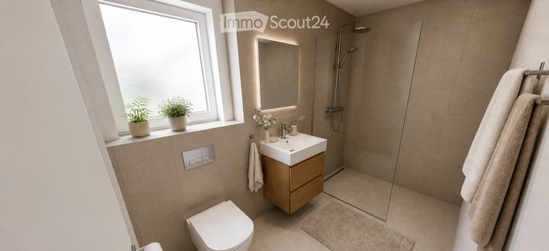 Modern bathroom with beige tiles, a white sink with a wooden cabinet, a toilet, a glass-enclosed shower, a mirror, and two potted plants on the windowsill.