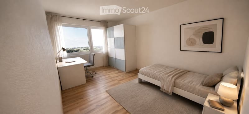 Modern bedroom with a single bed, nightstand, desk, chair, and large windows offering a scenic view.