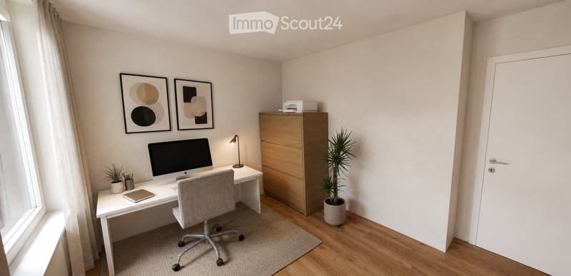 Modern, well-lit home office with a white desk, ergonomic chair, computer monitor, lamp, potted plants, and framed artwork on the wall.