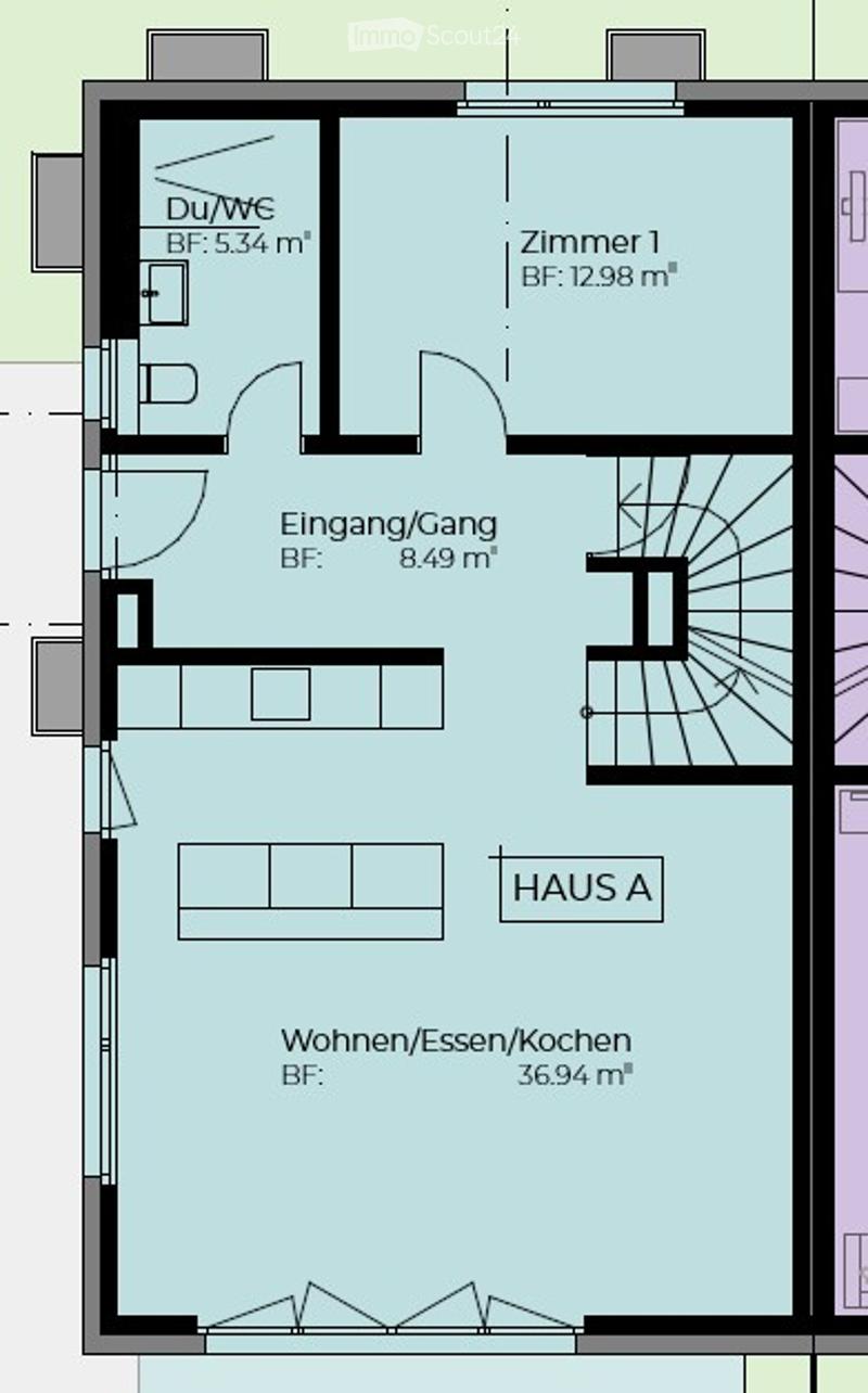 Floor plan of Haus A showing a bathroom (Du/Wc), entrance/hallway, living/dining/kitchen area, and bedroom (Zimmer 1).