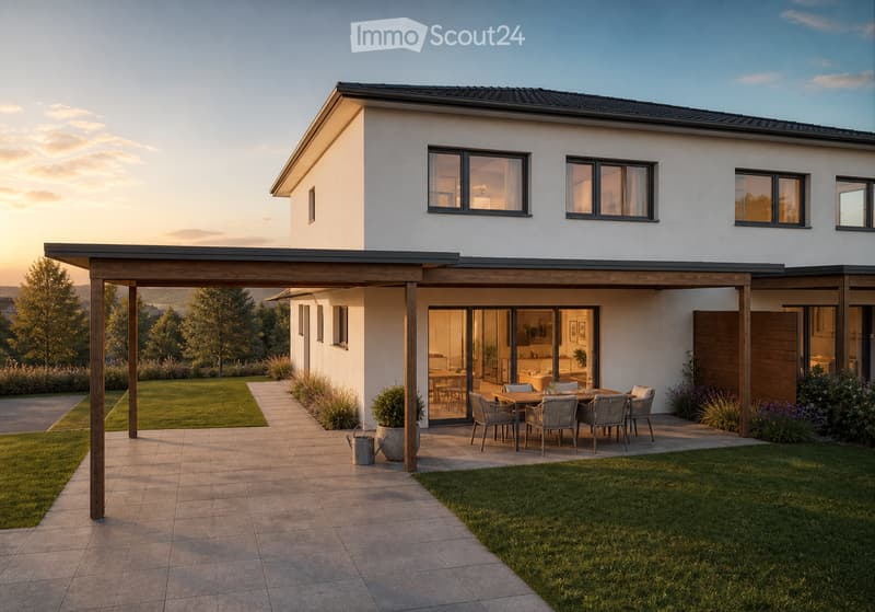 Modern two-story house with white exterior, large windows, covered patio with outdoor dining set, well-maintained lawn, and garden area.
