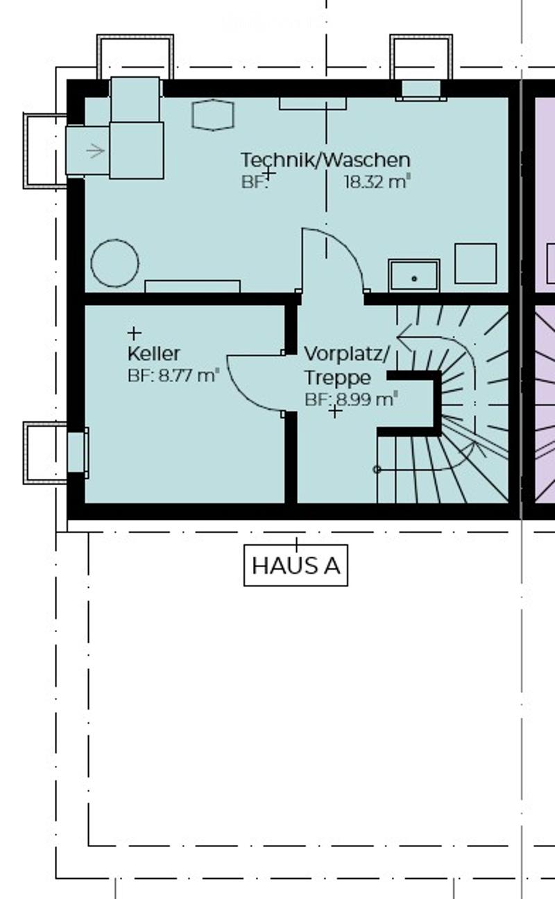 Floor plan of Haus A showing a basement level with a cellar, utility/washing area, and entrance area with stairs.