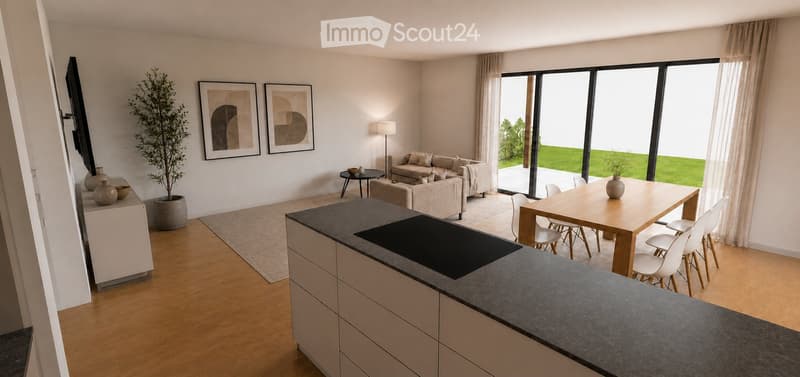 Open-plan living and dining area with modern furniture, large windows, and a kitchen island.