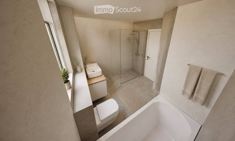 Modern bathroom with a bathtub, toilet, sink, glass-enclosed shower, and two towels hanging on a rack. The space features light-colored tiles and a small plant on the windowsill.