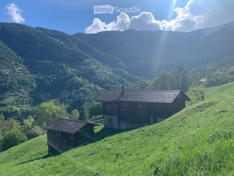 A wooden house with a tiled roof sits on a grassy hillside, surrounded by lush greenery and distant mountains.