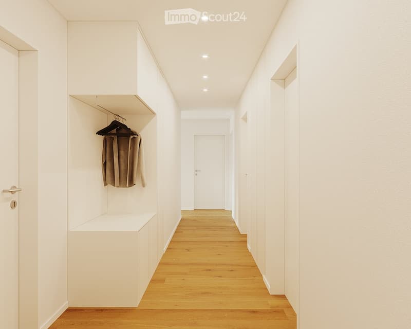 white wall, wooden floor, hallway, white door