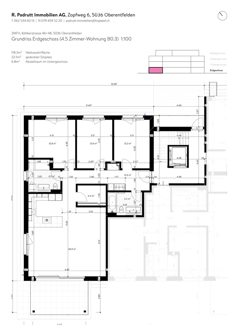 Ground floor layout of a 4.5-room apartment with living room, kitchen, bedrooms, bathrooms, and covered seating area.