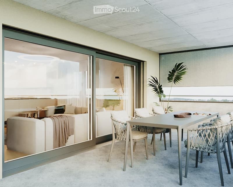 Sliding glass doors, dining table and chairs, sofa, pillows, bowl, indoor plants