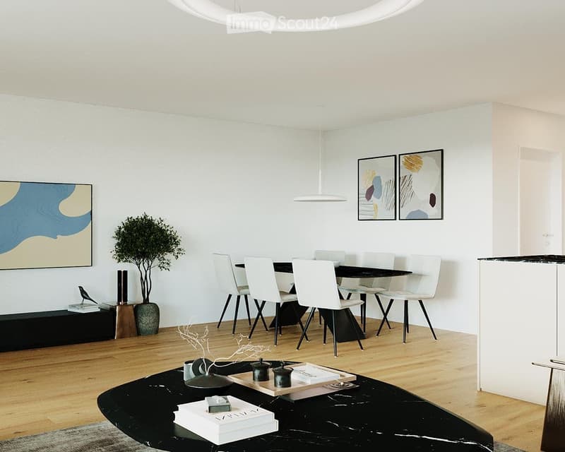 Dining area with black table, white chairs, white walls, wooden floor, black decorative items, pendant light, framed art, wooden plant stand, marble kitchen island