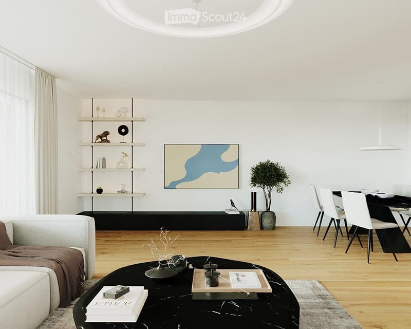 white couch, round table, dining table, artwork on the wall, shelf with decorative items, wooden floor, table with books
