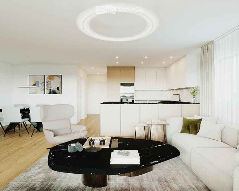 round coffee table, marble flooring, white modern living room furniture, white modern dining room furniture, round ceiling lamp, modern kitchen