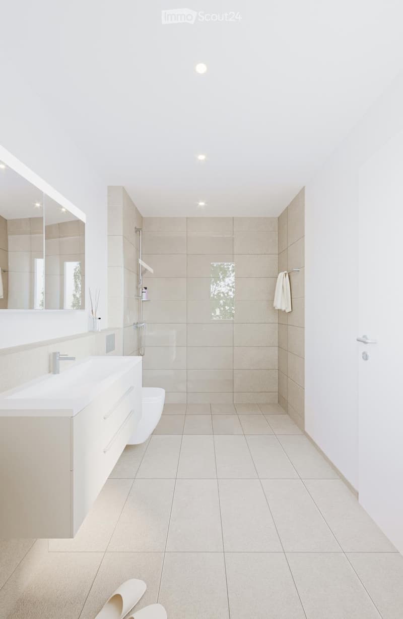 large bathroom with glass shower, vanity with mirror, white sink, modern decor