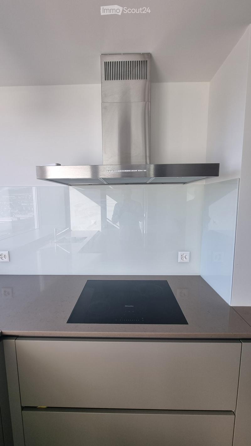 modern kitchen with induction stove, stainless steel extractor hood, glass wall, white walls, gray countertop, gray cabinets