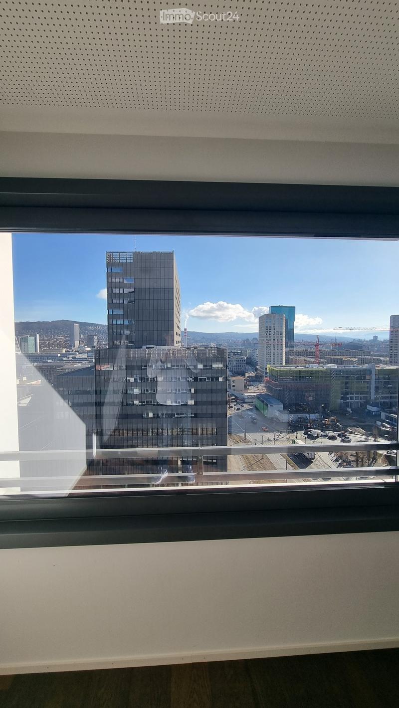large window with city view, modern interior, white walls, wooden floor