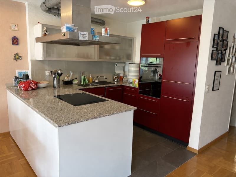 Modern kitchen with red and white cabinets, granite countertop, induction cooktop, sink, and various appliances.