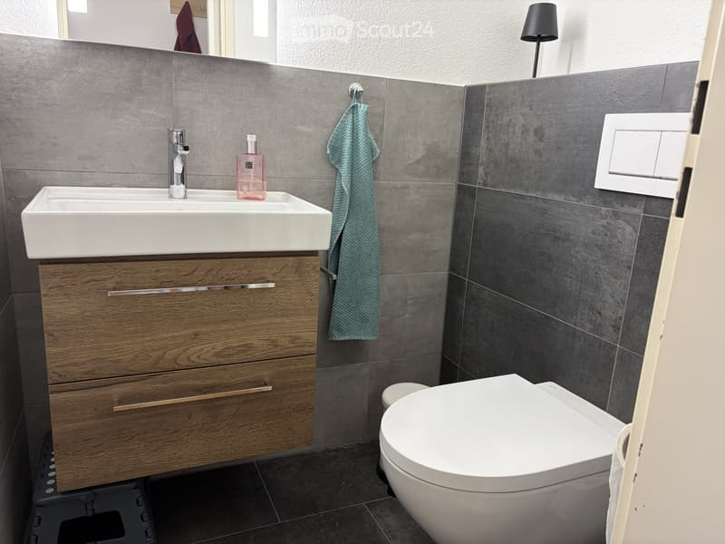 Modern bathroom with a white sink, wooden cabinet, toilet, and a grey towel hanging on the wall.