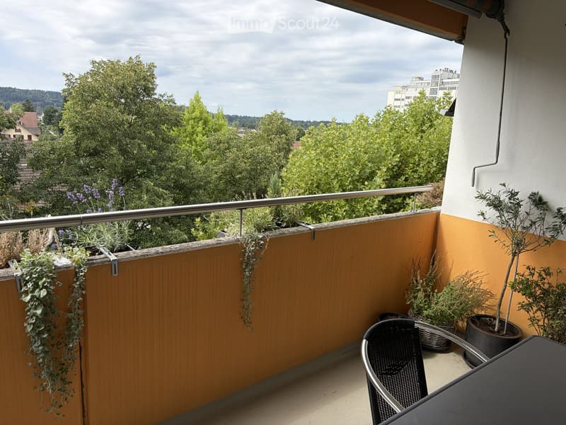 Balcony with wooden railing, potted plants, hanging plants, and outdoor furniture including a chair and table.