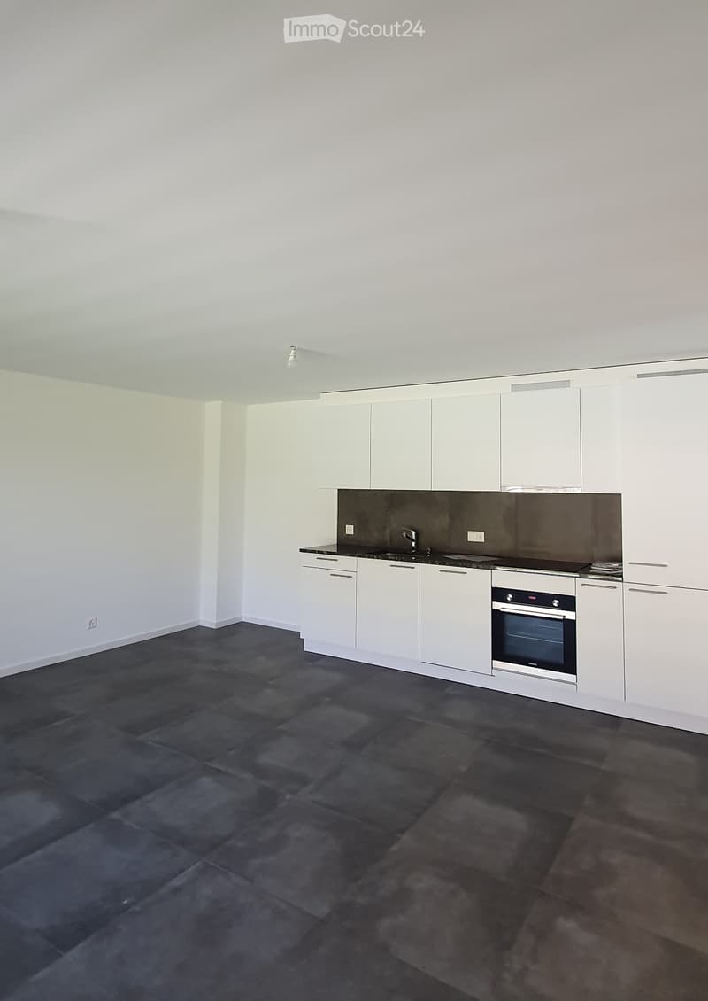 Modern kitchen with white cabinets, dark countertops, and a built-in oven. Dark tiled floor and sleek design.