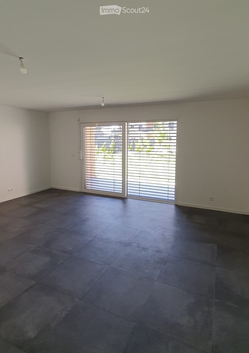 Empty room with dark tiled floor, white walls, and large sliding glass doors with blinds leading to an outdoor area.
