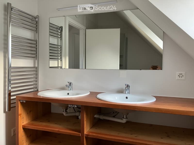 Modern bathroom with two sinks on a wooden vanity, a large mirror, and a towel radiator.