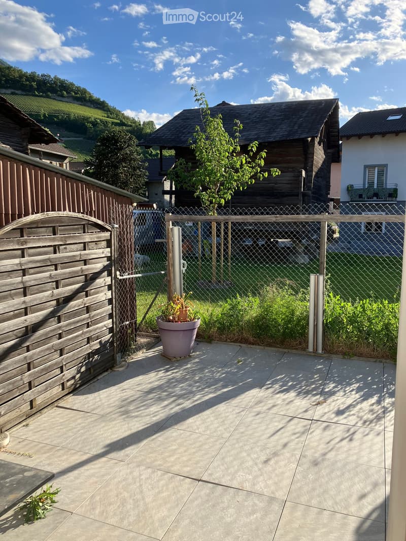 A paved outdoor area with a wooden gate, a potted plant, and a chain-link fence, overlooking a residential neighborhood with houses and greenery.