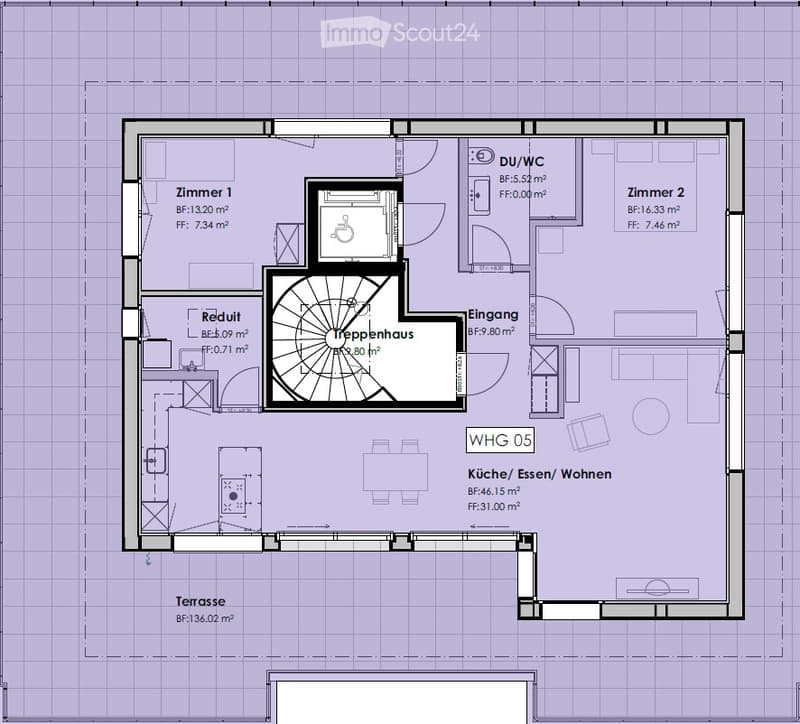 Floor plan of a residential unit featuring a living/dining/kitchen area, two bedrooms, a bathroom, a hallway, and a terrace.