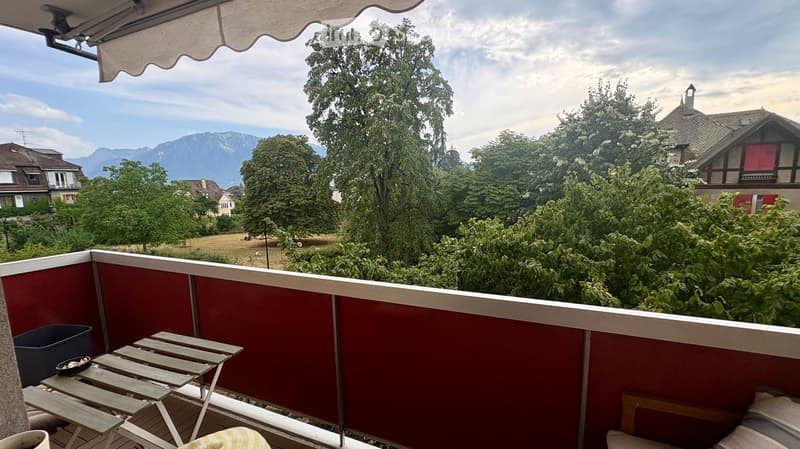 Balcony with red walls, wooden table and chairs, overlooking a green landscape with trees and mountains.