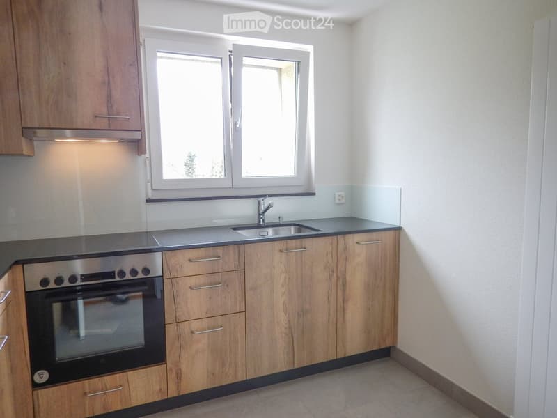 Modern kitchen with wooden cabinets, stainless steel oven, sink, and faucet. Features large windows and a sleek countertop.