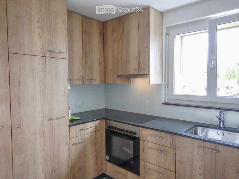 Modern kitchen with light wooden cabinets, stainless steel sink, and built-in oven. Features a dark countertop and large windows.
