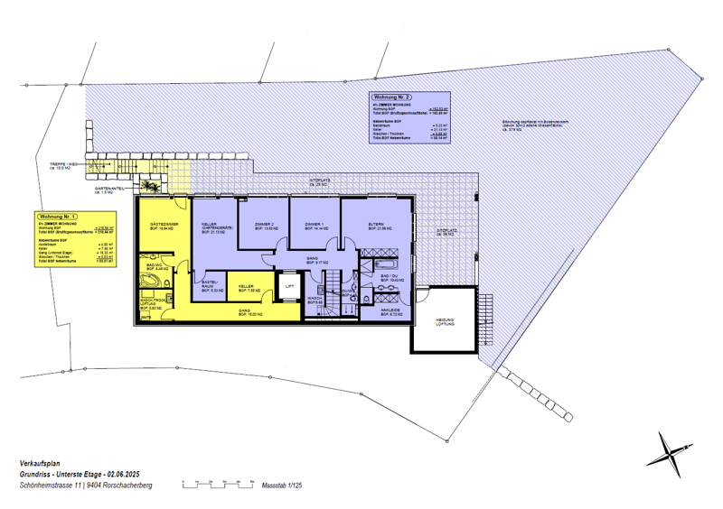 Ground floor plan showing two apartments, common areas, and technical spaces. Includes living room, bedrooms, bathrooms, kitchen, storage, and utility areas.