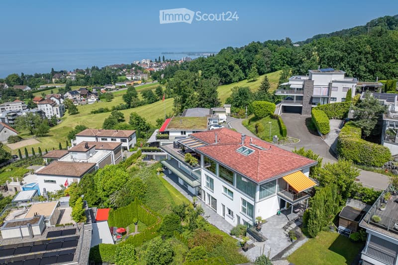 Aerial view of a modern residential area with multiple houses, green lawns, trees, and a scenic lake view in the background.