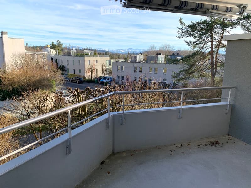 Balcony with metal railing, overlooking a residential area with buildings, trees, and parked cars.
