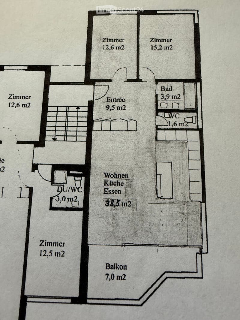 Floor plan showing a 3-room apartment with a living-dining-kitchen area, two bedrooms, a bathroom, a WC, and a balcony.