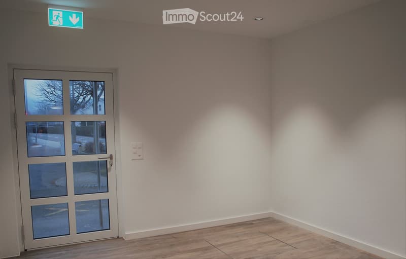 Empty room with light-colored walls, wooden flooring, and a large glass door with multiple panes leading outside.