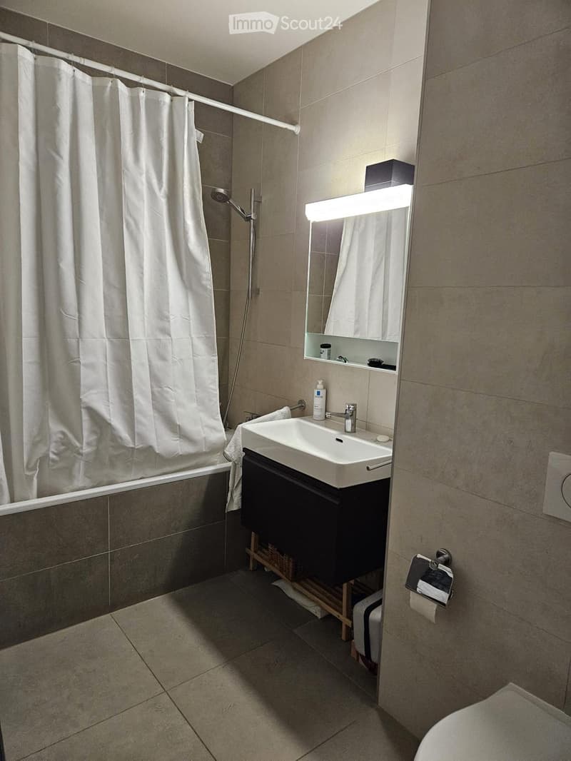 Modern bathroom with a white sink, mirror, shower curtain, and toilet. Features a sleek design with a built-in storage cabinet under the sink.
