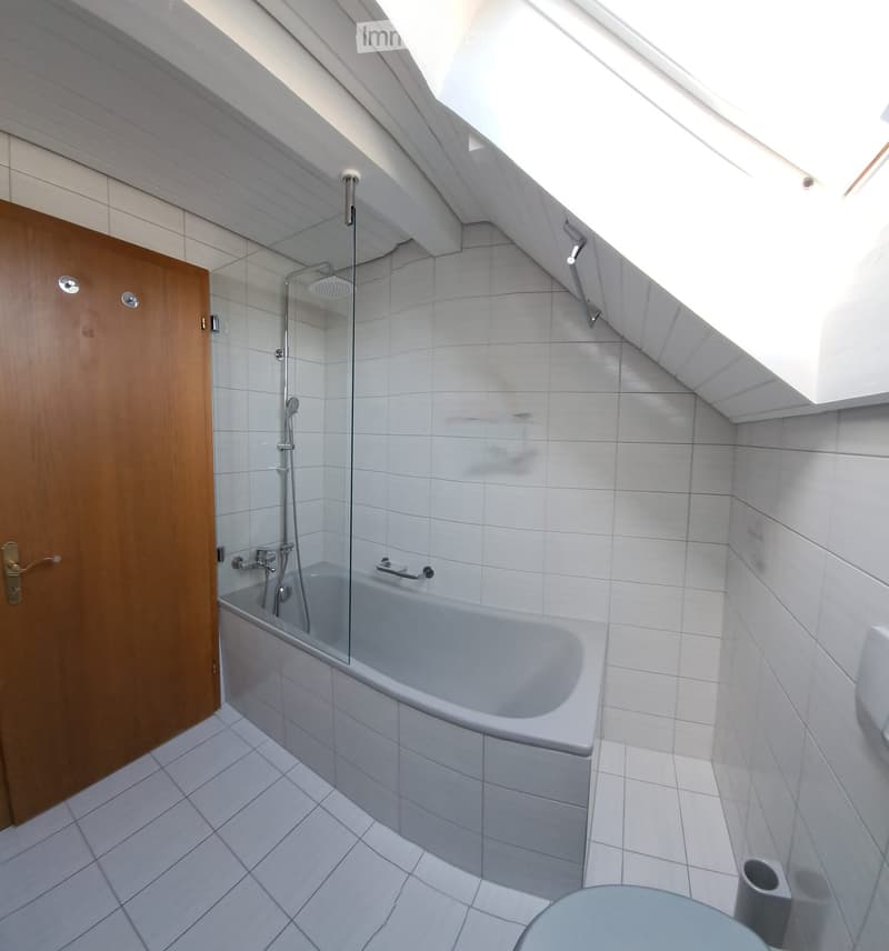Modern bathroom with a bathtub, glass-enclosed shower, and a wooden door. The space features white tiled walls and floor, with a skylight providing natural light.