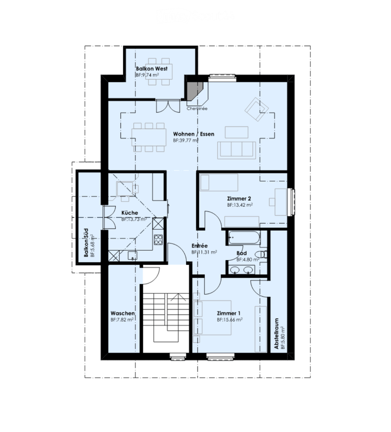 Floor plan of an apartment with living/dining area, kitchen, two bedrooms, bathroom, hallway, and two balconies.