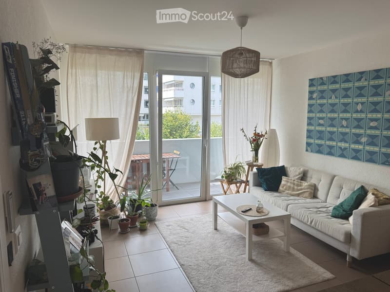 Bright living room with large sliding glass doors leading to a balcony, white sofa with cushions, coffee table, floor lamp, and several potted plants.