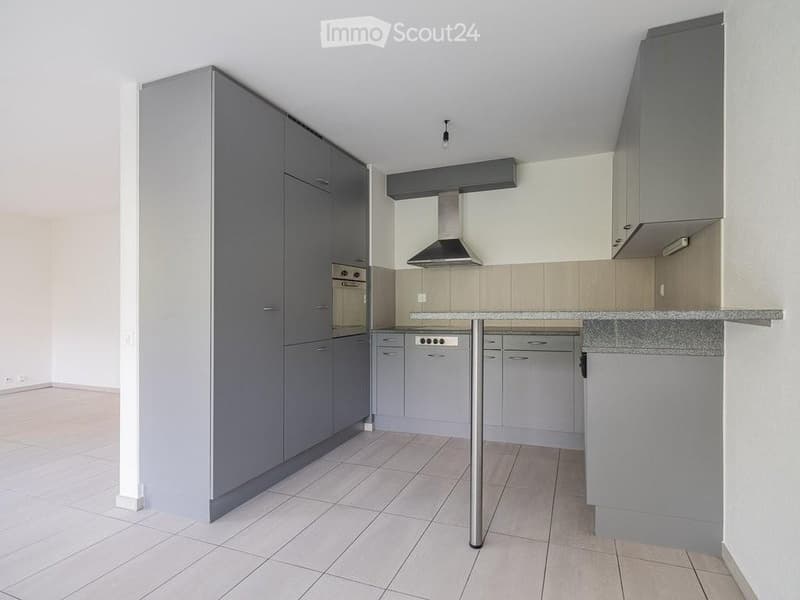 Modern kitchen with grey cabinets, stainless steel appliances, and a central island with a granite countertop.