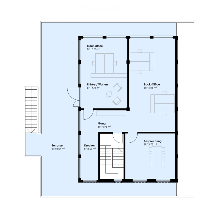 Floor plan showing a front office, back office, entrance, hallway, meeting room, printer room, and terrace.