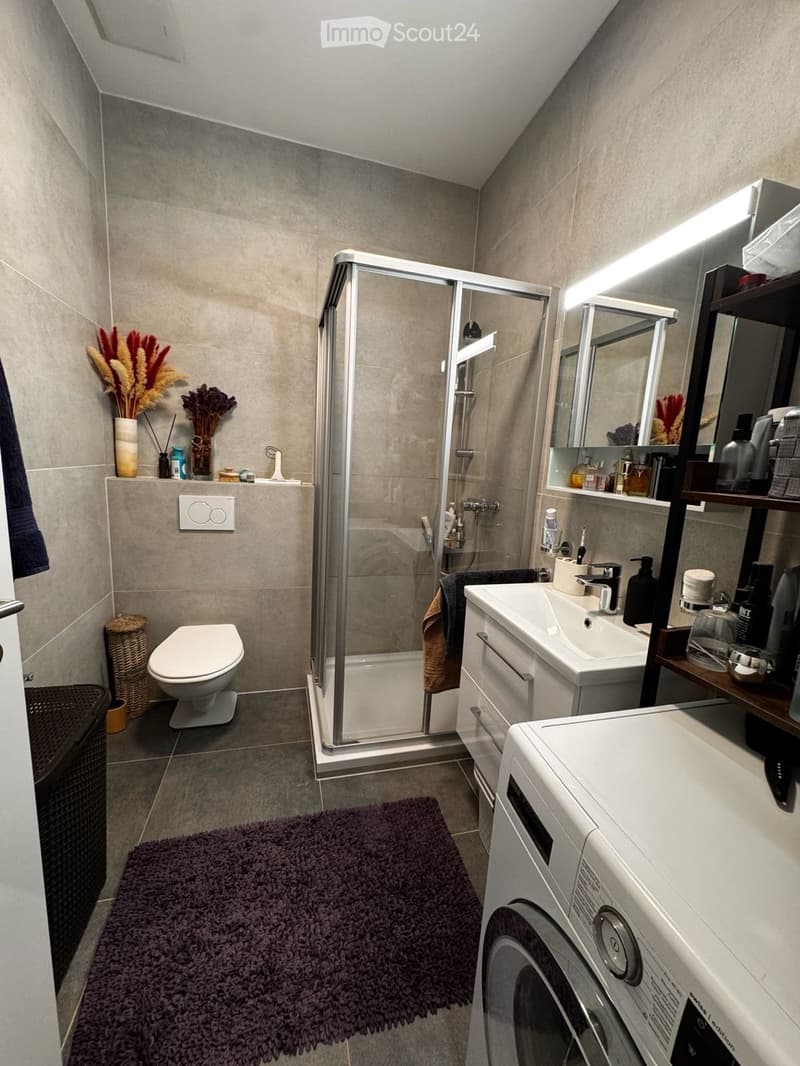 Modern bathroom with a toilet, sink, mirror, glass-enclosed shower, and a washing machine. Includes decorative vase with dried flowers, a towel, and a purple rug.