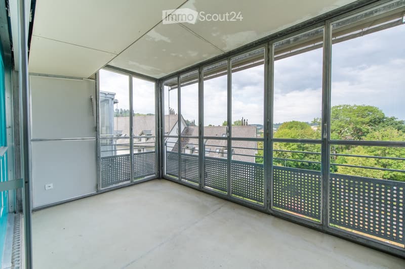 Spacious balcony with large glass panels and metal balustrade, offering a view of surrounding houses and greenery.