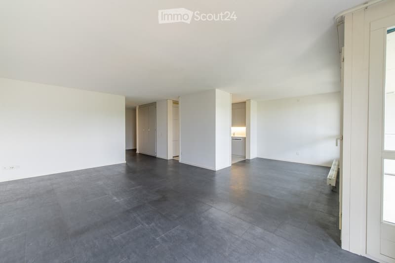 Empty room with grey tiled floor, white walls, and open doorways leading to other areas.
