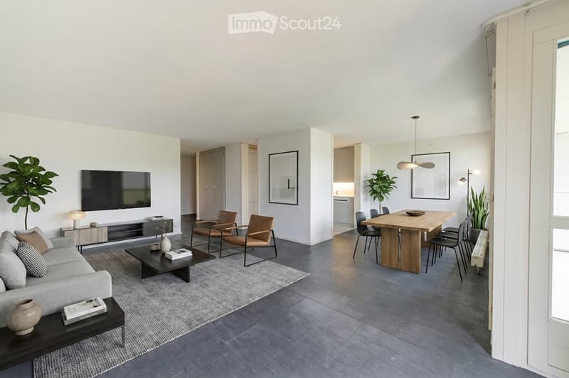 Modern living and dining area with grey sofa, coffee table, dining table, chairs, and decorative items.