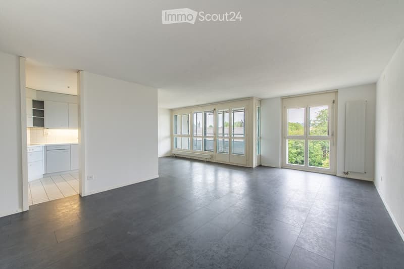 Empty room with dark grey tiled floor, white walls, large windows, and a view of greenery outside. The room is unfurnished with no visible furniture or equipment.
