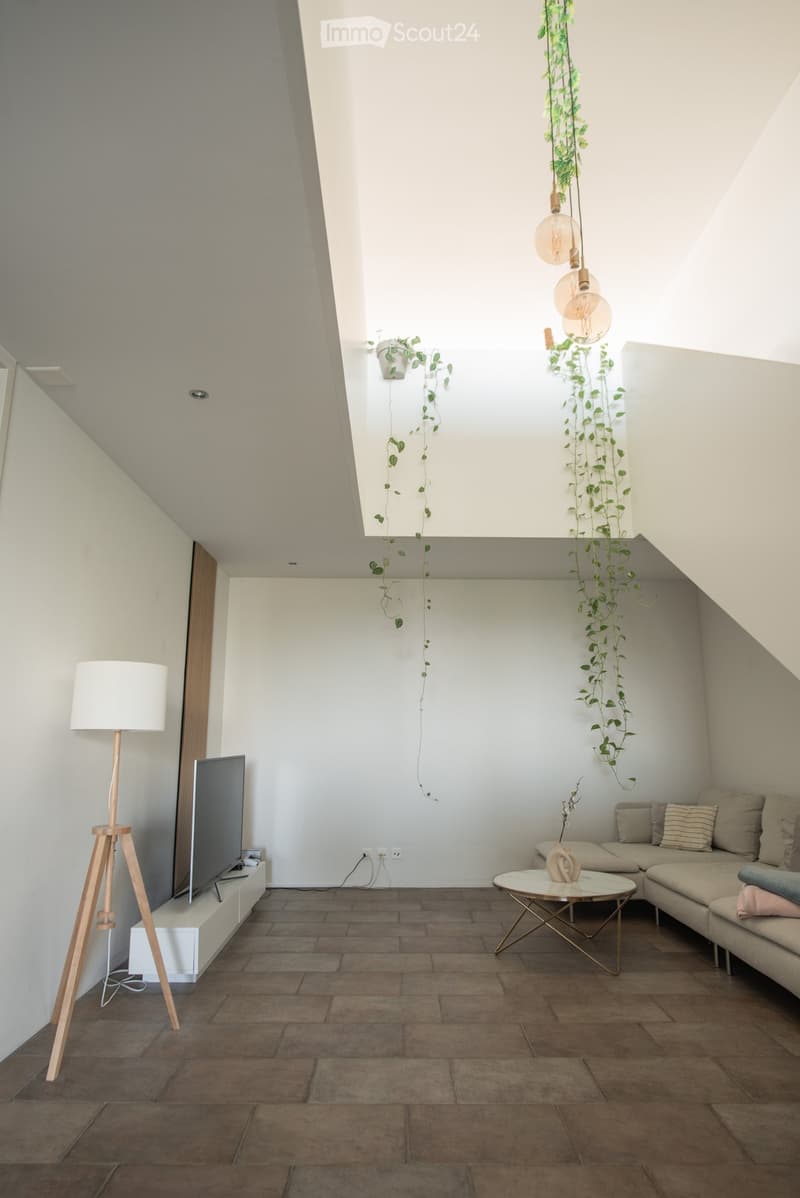 Modern living room with a sofa, coffee table, floor lamp, television, and hanging plants. The space features a slanted ceiling and large windows allowing natural light to fill the room.