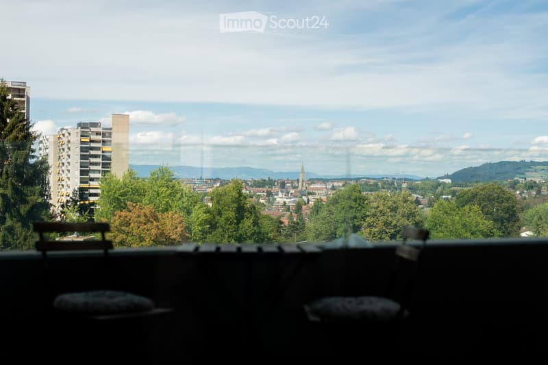 A panoramic view from a balcony or terrace showcasing a cityscape with residential buildings, trees, and distant hills under a partly cloudy sky.