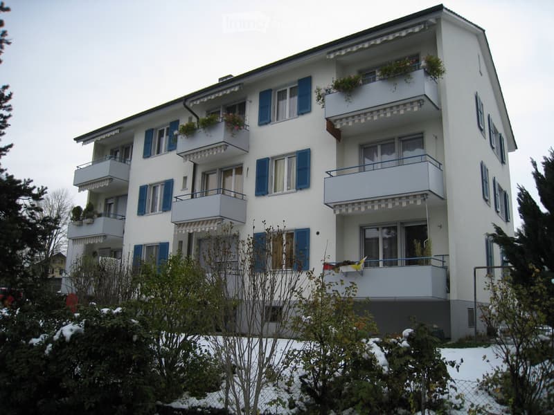 A multi-story residential building with white walls, blue shutters, and multiple balconies adorned with plants and flowers. The building is surrounded by greenery and snow-covered ground.