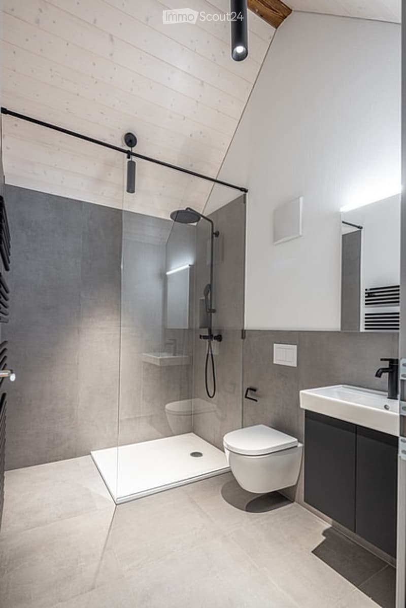 Modern bathroom with a glass-enclosed shower, toilet, sink, and built-in cabinetry. The space features a sleek, minimalist design with grey tiles and white fixtures.